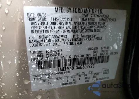 2006 Mercury Montego Luxury from USA, damaged, VIN 1MEFM40136G602923